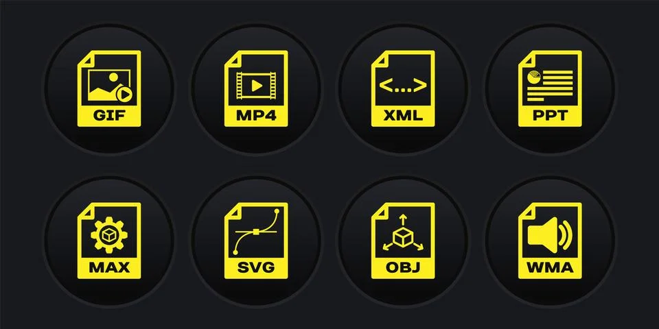 Set MAX file document, PPT, SVG, OBJ, XML and MP4 icon. Vector 库存插图