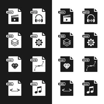 Set MAX file document, PSD, MOV, MP3, RUBY, SVG, WAV and XML icon. Vector Stock Illustration