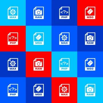 Set MAX file document, RAW, PHP and MSG icon. Vector Stock Illustration