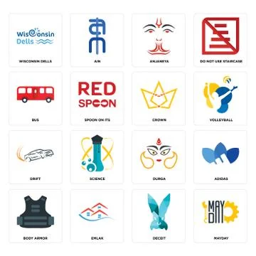 Set of mayday, deceit, body armor, durga, drift, crown, bus, anjaneya, wiscon Free Stock Illustration