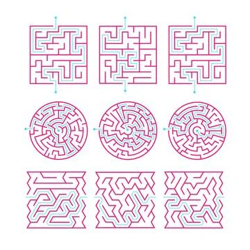 Set of maze game puzzle set colletion, labyrinth with entry and exit, Presc.. Stock Illustration