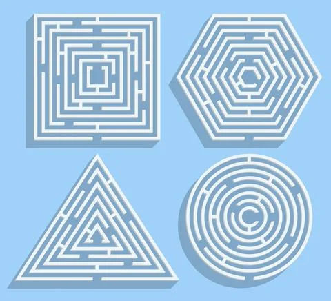 Set of mazes in the form of a square, circle, hexagon and triangle. イラスト素材