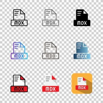 Set mdx file format icons for various file type, document and folder extensions. Stock Illustration