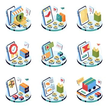 Set of Meal Delivery Isometric Illustrations Stock Illustration