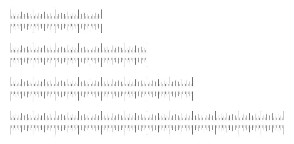 Set of measuring chart with 4, 6, 8, 12 inches. Ruler black scales. Sewing tool Ilustração Stock
