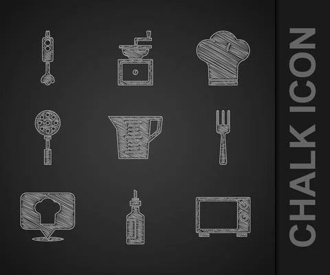 Set Measuring cup, Bottle of olive oil, Microwave oven, Fork, Chef hat with Stock Illustration