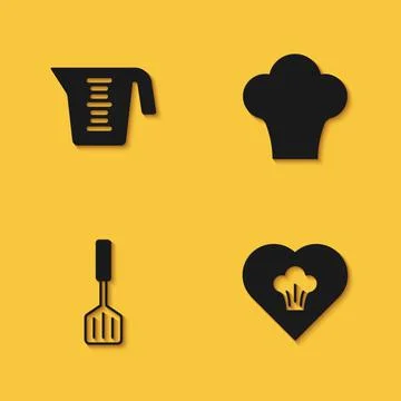 Set Measuring cup, Chef hat, Spatula and icon with long shadow. Vector Stock Illustration