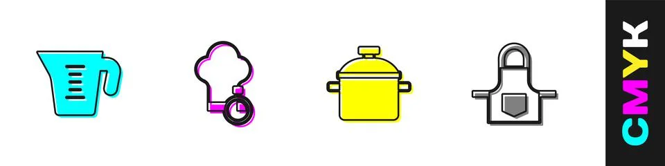 Set Measuring cup, Chef hat, Cooking pot and Kitchen apron icon. Vector Stock Illustration