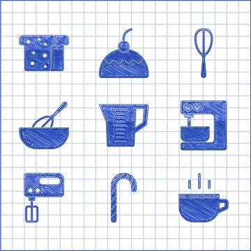 Set Measuring cup, Christmas candy cane, Coffee, Electric mixer, Kitchen whisk Illustration