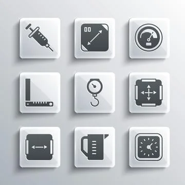 Set Measuring cup, Clock, Area measurement, Hand scale spring mechanical, Corner Stock Illustration