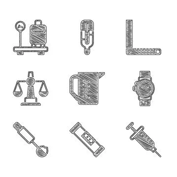 Set Measuring cup, Construction bubble level, Syringe, Wrist watch, spoon Illustrazione stock