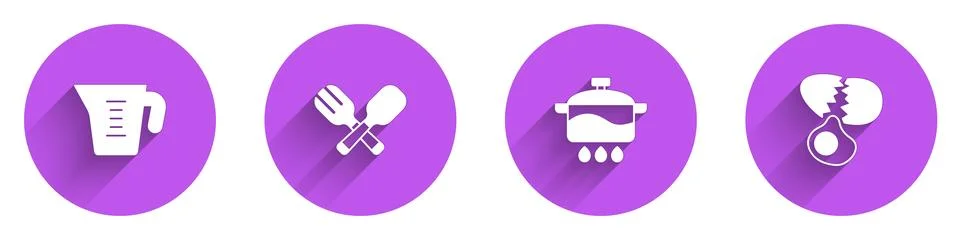 Set Measuring cup, Crossed fork and spoon, Cooking pot and Broken egg icon .. Stock Illustration