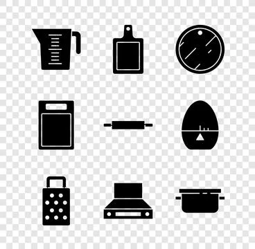Set Measuring cup, Cutting board, Grater, Kitchen extractor fan, Cooking po.. Illustration