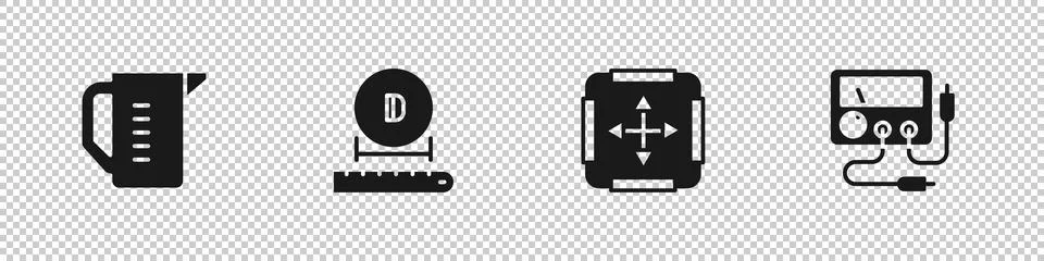 Set Measuring cup, Diameter, Area measurement and Multimeter, voltmeter icon Stock Illustration