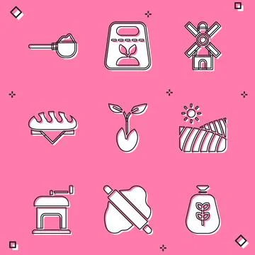 Set Measuring cup with flour, Pack full of seeds of plant, Windmill, Bread loaf Stock Illustration