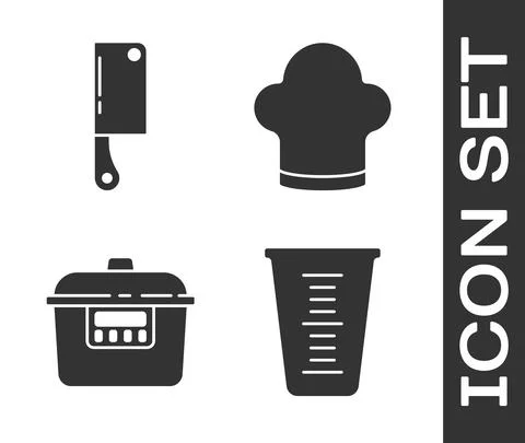 Set Measuring cup, Meat chopper, Slow cooker and Chef hat icon. Vector Stock Illustration