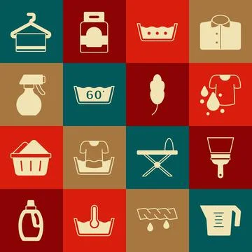 Set Measuring cup, Rubber cleaner for windows, Dirty t-shirt, Temperature wash Stock Illustration
