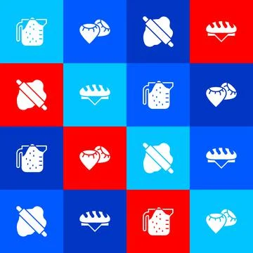 Set Measuring cup, Seed, Rolling pin on dough and Bread loaf icon. Vector Illustrazione stock
