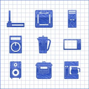 Set Measuring cup, Slow cooker, Coffee machine with glass pot, Microwave oven 스톡 일러스트