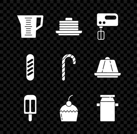 Set Measuring cup, Stack of pancakes, Electric mixer, Ice cream, Cake, Can 库存插图