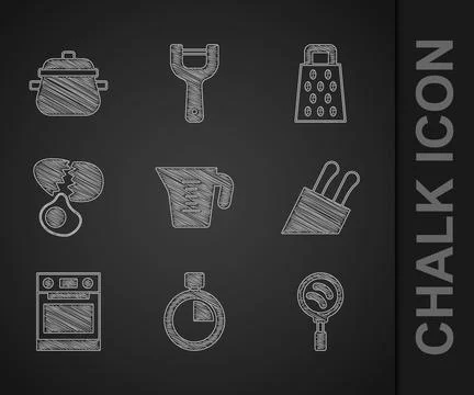 Set Measuring cup, Stopwatch, Frying pan, Knife, Oven, Broken egg, Grater a.. Illustrazione stock