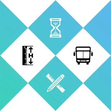 Set Measuring height and length, Crossed ruler pencil, Hourglass pixel and Bus Stock Illustration