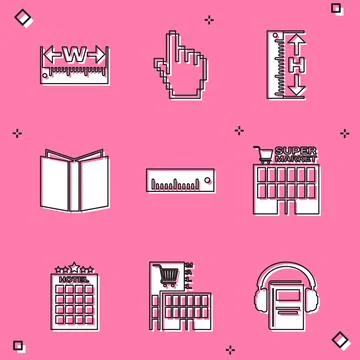 Set Measuring height and length, Pixel hand cursor, Open book, Ruler Illustrazione stock
