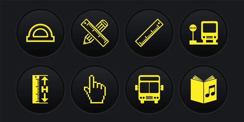 Set Measuring height and length, Bus stop, Pixel hand cursor, Ruler, Crossed Illustrazione stock