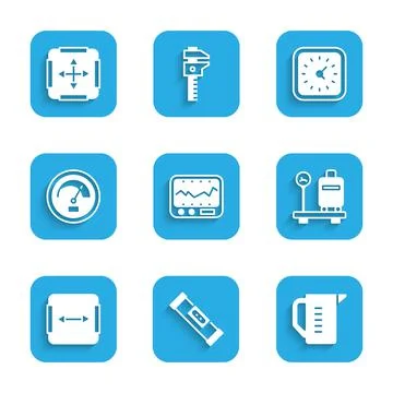 Set Measuring instrument, Construction bubble level, cup, Scale with suitcase Stock Illustration
