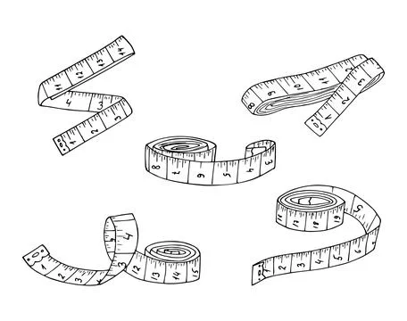 Set of measuring tape hand-drawn illustration. Sketch of metric ribbon.  Ce.. Stock Illustration