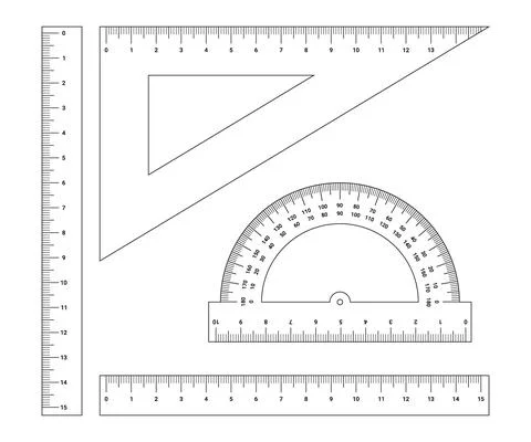 Set of measuring tools ruler, triangle, protractor. Measurement of length, angle Illustrazione stock