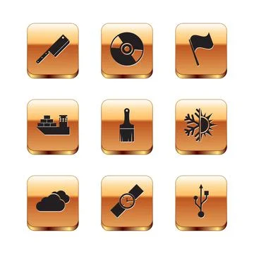 Set Meat chopper, Cloud, Wrist watch, Paint brush, Cargo ship and Flag icon Stock Illustration