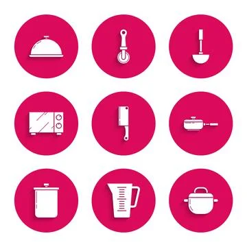 Set Meat chopper Measuring cup Cooking pot Frying pan Microwave oven Kitchen  Illustration