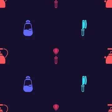 Set Meat chopper, Salt, Kitchen whisk and Kettle with handle on seamless pa.. Illustration