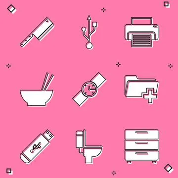 Set Meat chopper, USB, Printer, Bowl with chopsticks, Wrist watch and Add new Stock Illustration