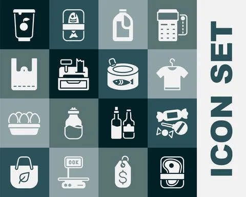 Set Meat packaging steak, Candy, T-shirt, Bottle for cleaning agent, Cash Stock Illustration