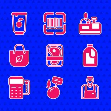 Set Meat packaging steak, Seller, Bottle for cleaning agent, POS terminal credit Stock Illustration