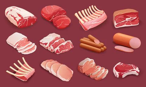 Set of meat products in flat style, cooking, delicacies. Stock-Illustration