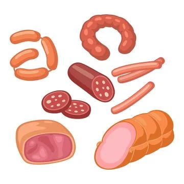 Set meat products. Ham and different types sausage. Vector illustration Stock Illustration