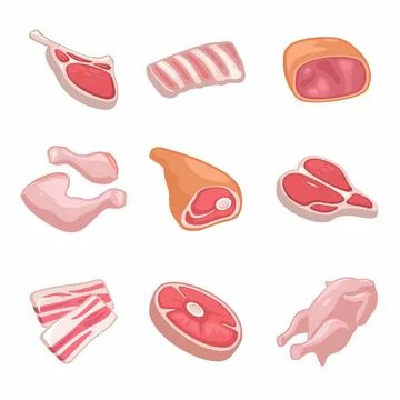 Set meat products. Vector color vector icon isolated on white Ilustração Stock