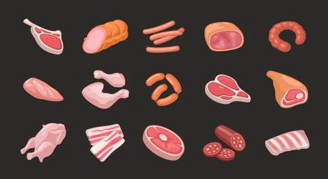 Set meat products. Vector color vector icon isolated on black Stock Illustration