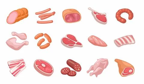 Set meat products. Vector color vector icon isolated on white Illustration
