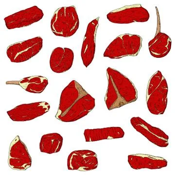 Set of meat steaks. Vector cartoon illustrations. Isolated objects on white. Stock Illustration