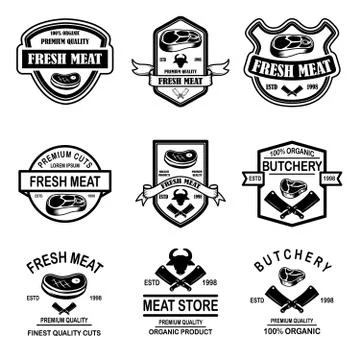 Set of meat store, butchery emblems. Design element for logo, label, sign, po Stock Illustration