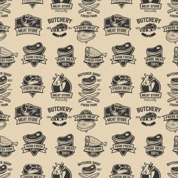 Set of meat store, fresh meat labels seamless pattern. Design element for pos Stock Illustration