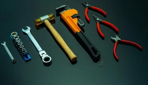 Set of mechanic tools on black background. Chrome wrenches or spanners, hex.. Stock Photos