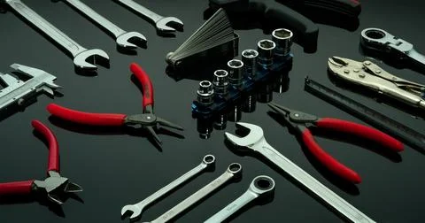 Set of mechanic tools. Chrome wrenches or spanners, hexagon socket, end cut.. Stock Photos