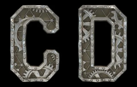 Set of mechanical alphabet made from rivet metal with gears on black background Stock Illustration