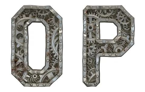 Set of mechanical alphabet made from rivet metal with gears on white background 스톡 일러스트