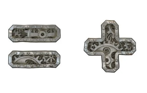 Set of mechanical alphabet made from rivet metal with gears on white background Stock Illustration